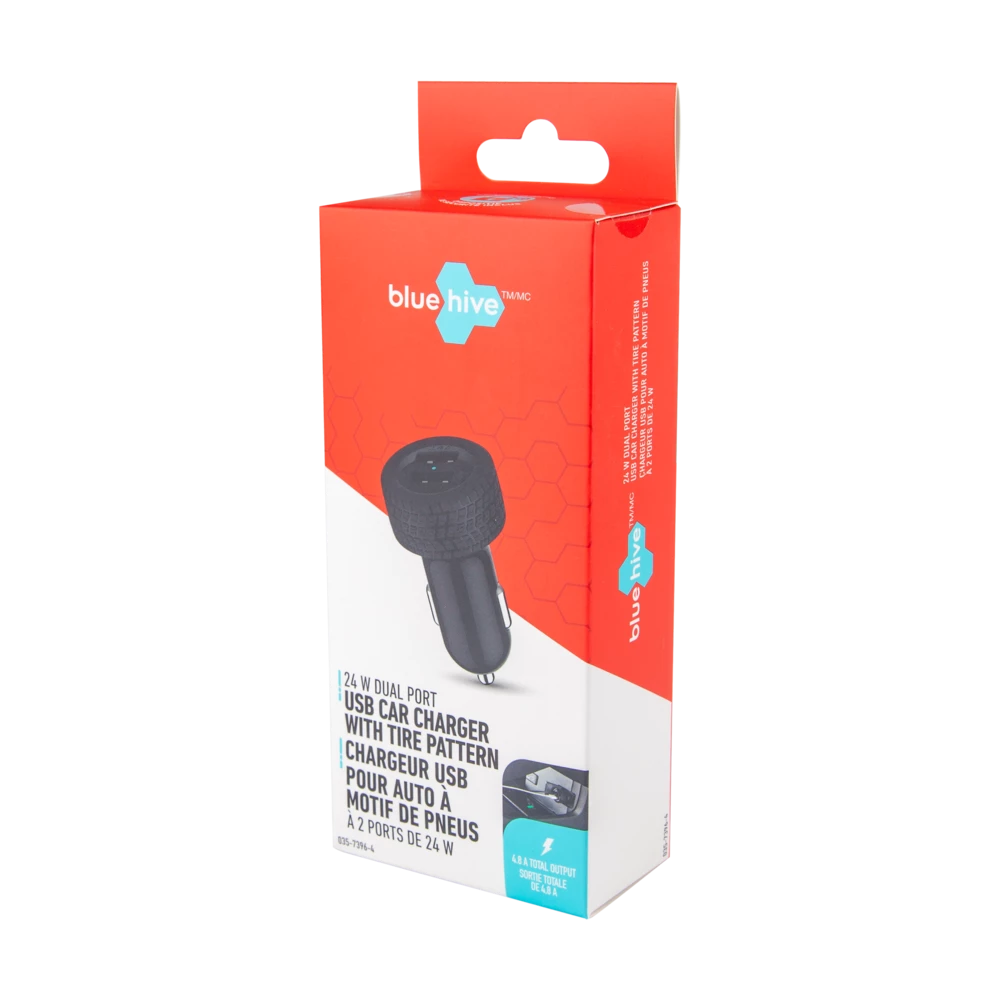 Bluehive 24 Watt Tire Pattern Car Charger With Dual USB-A Ports, Black - Image 4